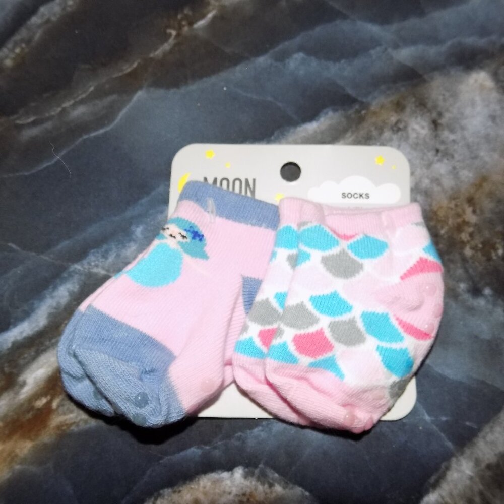 Moon And Stars Mermaid & Mermaid Scales Non- Slip Grip Sock Shoe Size 0-5 Infant